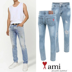AMI 아미 드 꾀흐 레터링 데미지 워싱 슬림진