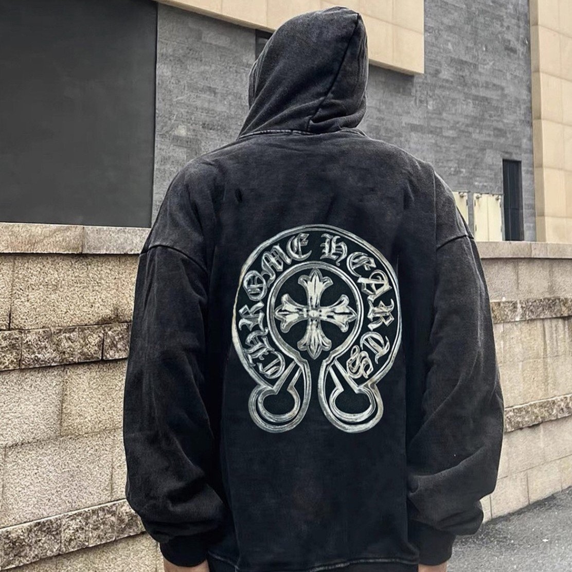 CHROME HEARTS 크롬하츠 홀스슈 말리부 크로스 워싱 후드티셔츠