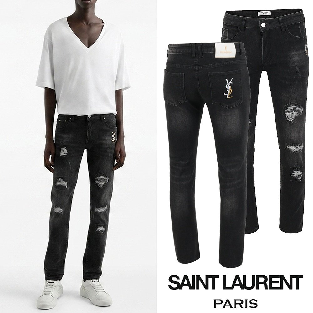  SAINT LAURENT 생로랑 레터링 골드자수 데미지 블랙 슬림진