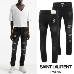  SAINT LAURENT 생로랑 레터링 골드자수 데미지 블랙 슬림진