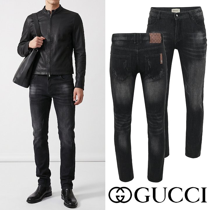 GUCCI 구찌 모노그램 레더 패치 흑청 슬림진