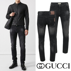 GUCCI 구찌 모노그램 레더 패치 흑청 슬림진